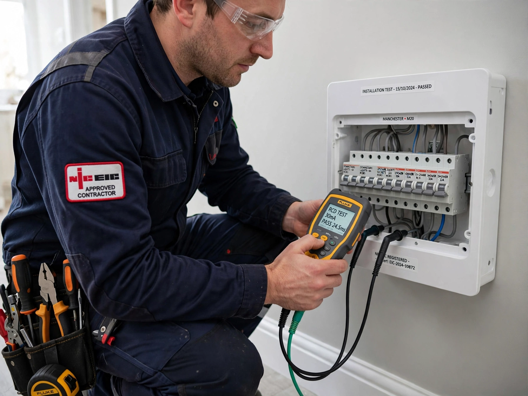 Qualified NICEIC-approved electrician testing a newly installed consumer unit in a Manchester home.