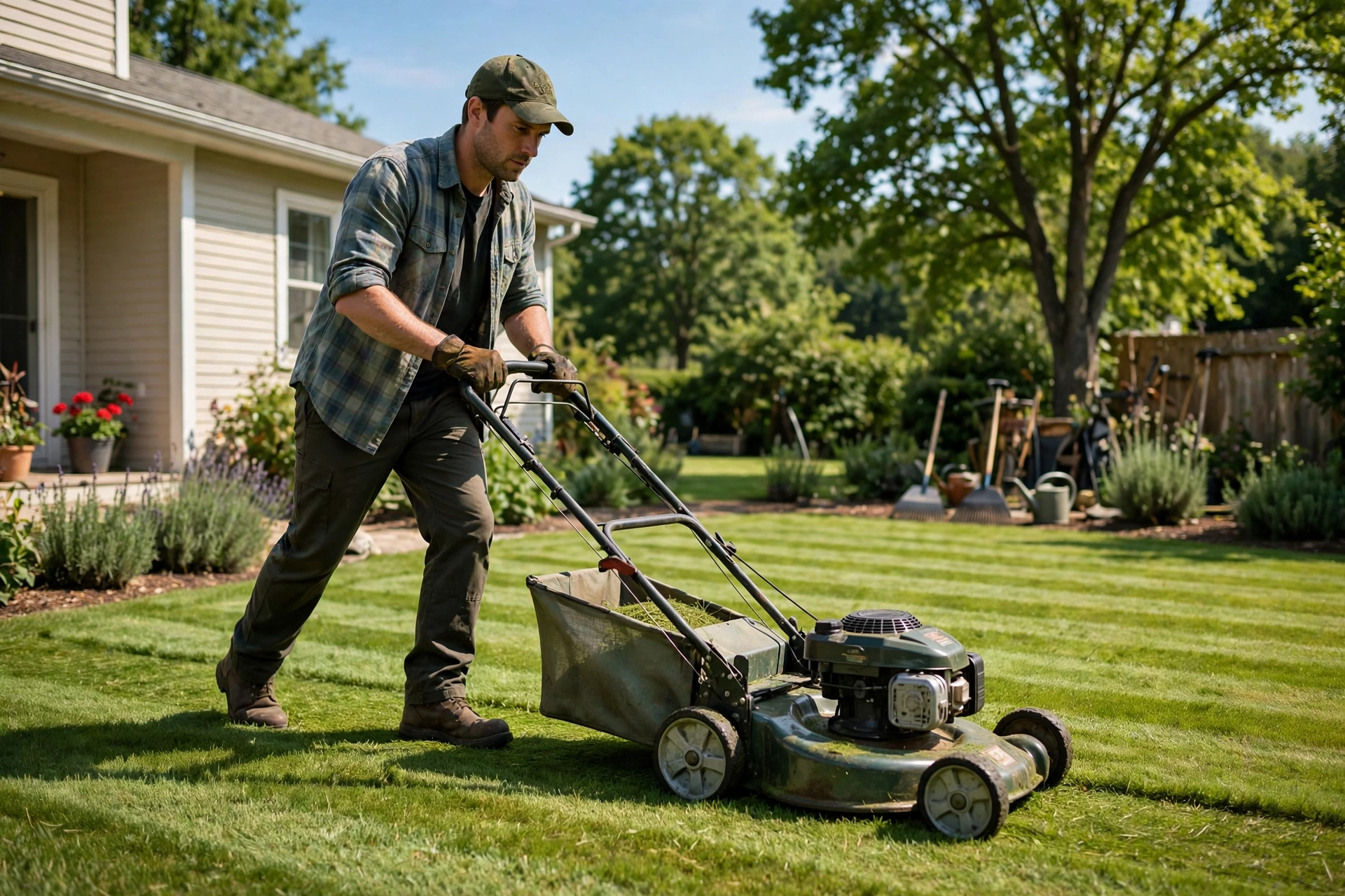 Gardener mowing lawn