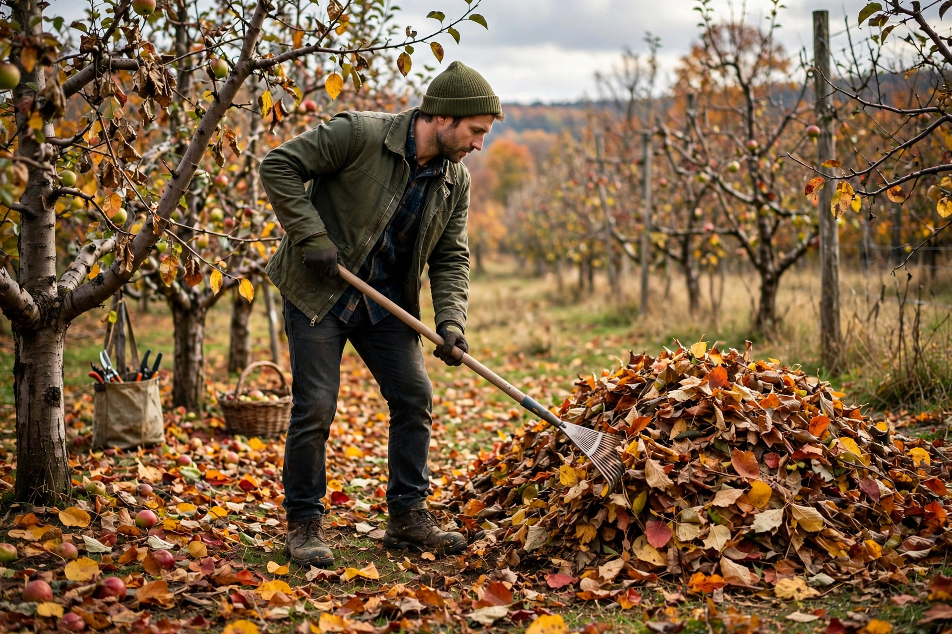 Raking autumn leaves